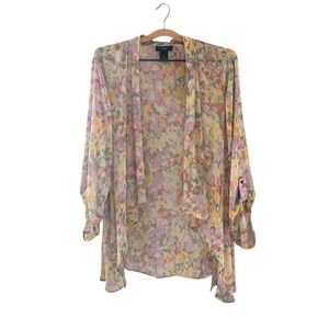 Women's Floral Blurred Garden Print Open Front Rolled Tab‎ Sleeve Jacket 1X